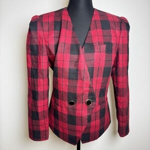 Vintage 80s Sasson Petite Buffalo Plaid Power Blazer Red Black 6P